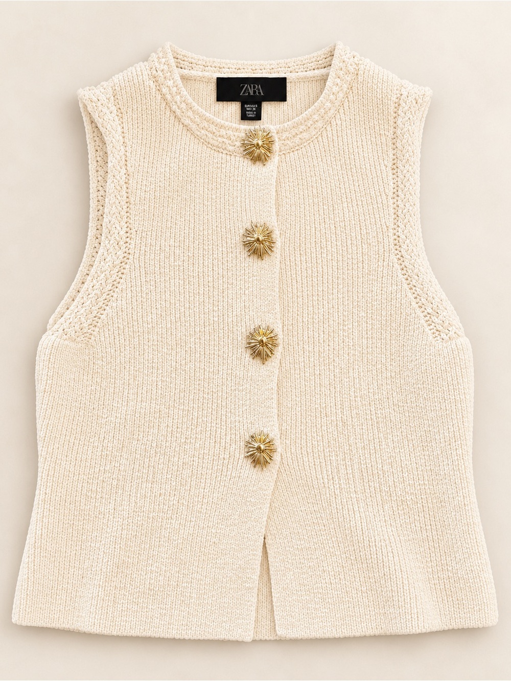 Zara Elegant Cream Gold-Button Knit Vest Small S